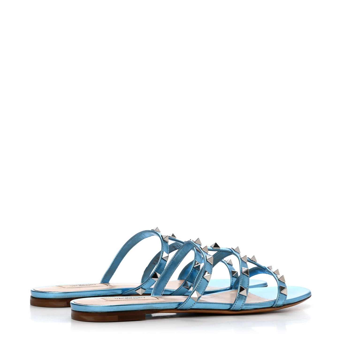 Metallic Nappa Rockstud Caged Flat Slide Sandals 39.5 Cerulean