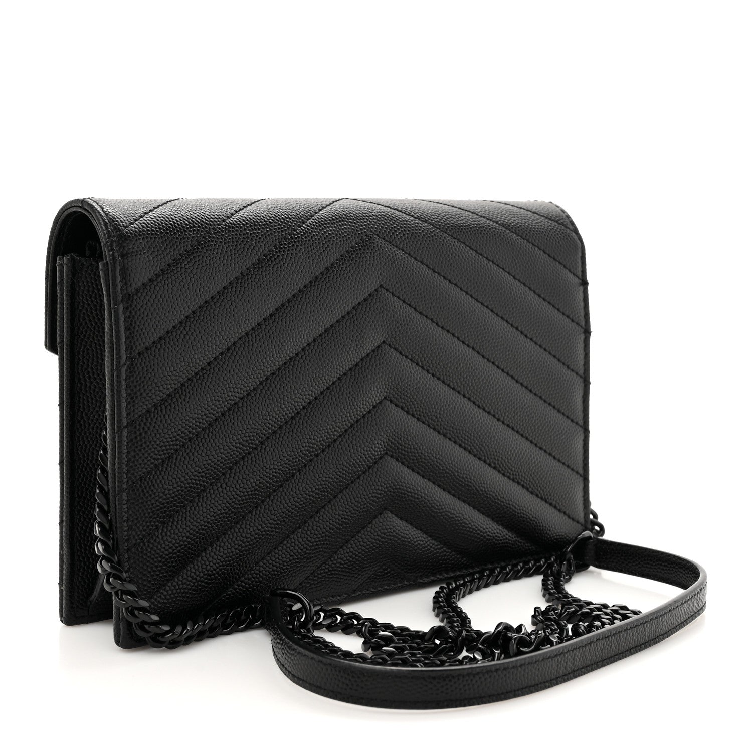 Saint Laurent Grain De Poudre Matelasse Chevron Monogram Monochrome Envelope Chain Wallet Black 3 of 11