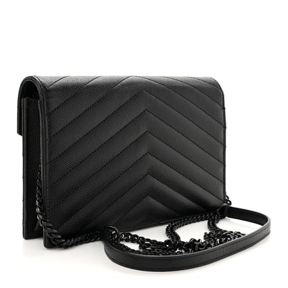 Saint Laurent Grain De Poudre Matelasse Chevron Monogram Monochrome Envelope Chain Wallet Black 3 of 11