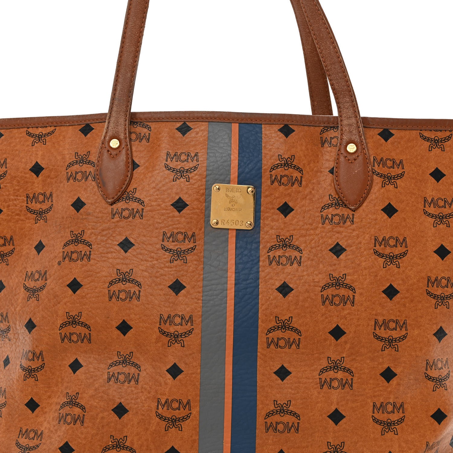 MCM Visetos Dog Bone Striped Shopper Tote Cognac 7 of 13