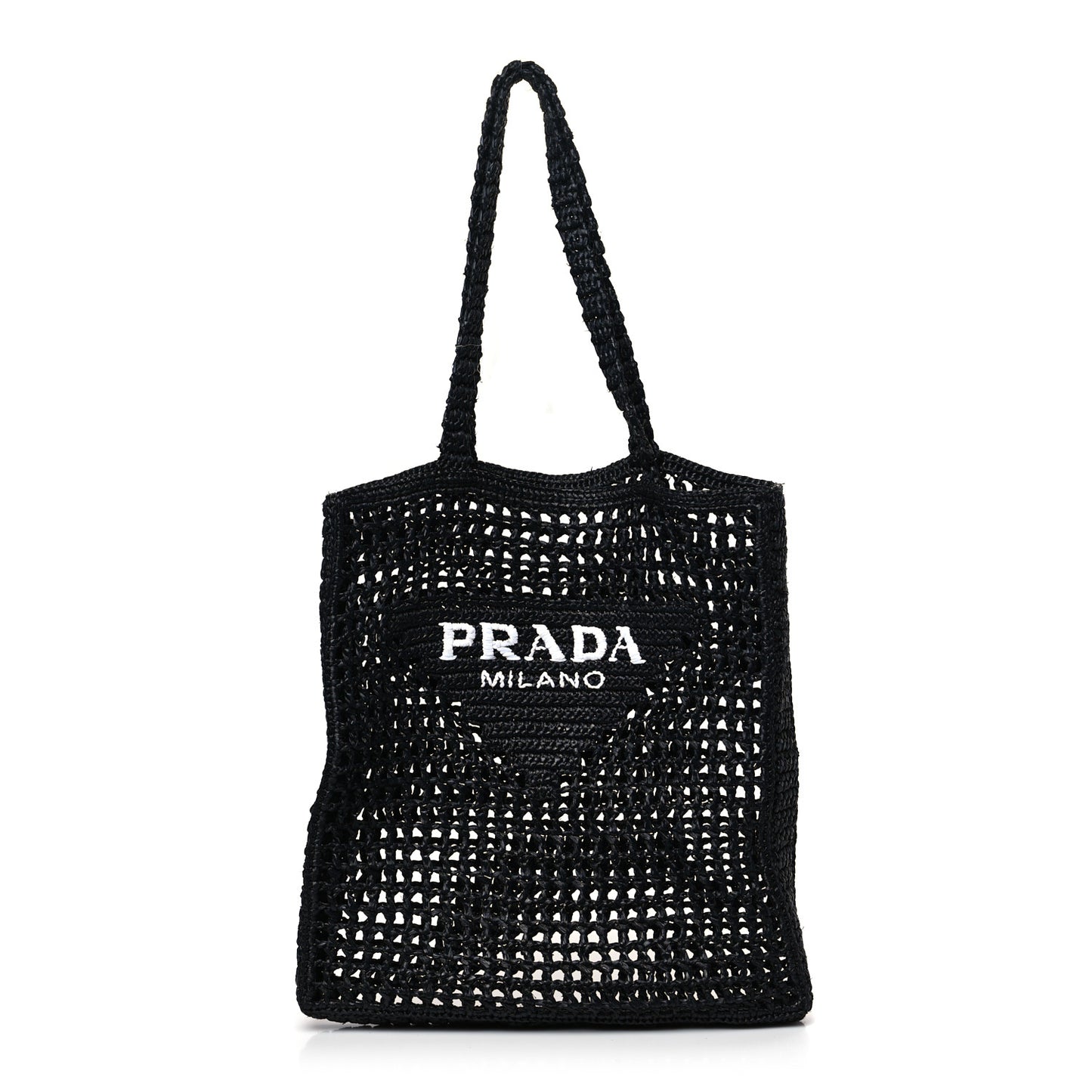 Yarn Raffia Effect Crochet Logo Embroidered Tote Bag Black