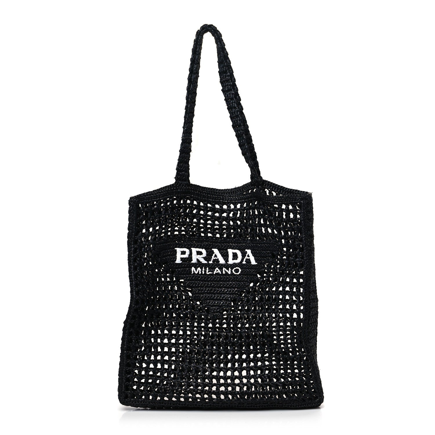 Prada Yarn Raffia Effect Crochet Logo Embroidered Tote Bag Black 1 of 10
