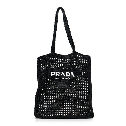 Prada Yarn Raffia Effect Crochet Logo Embroidered Tote Bag Black 1 of 10