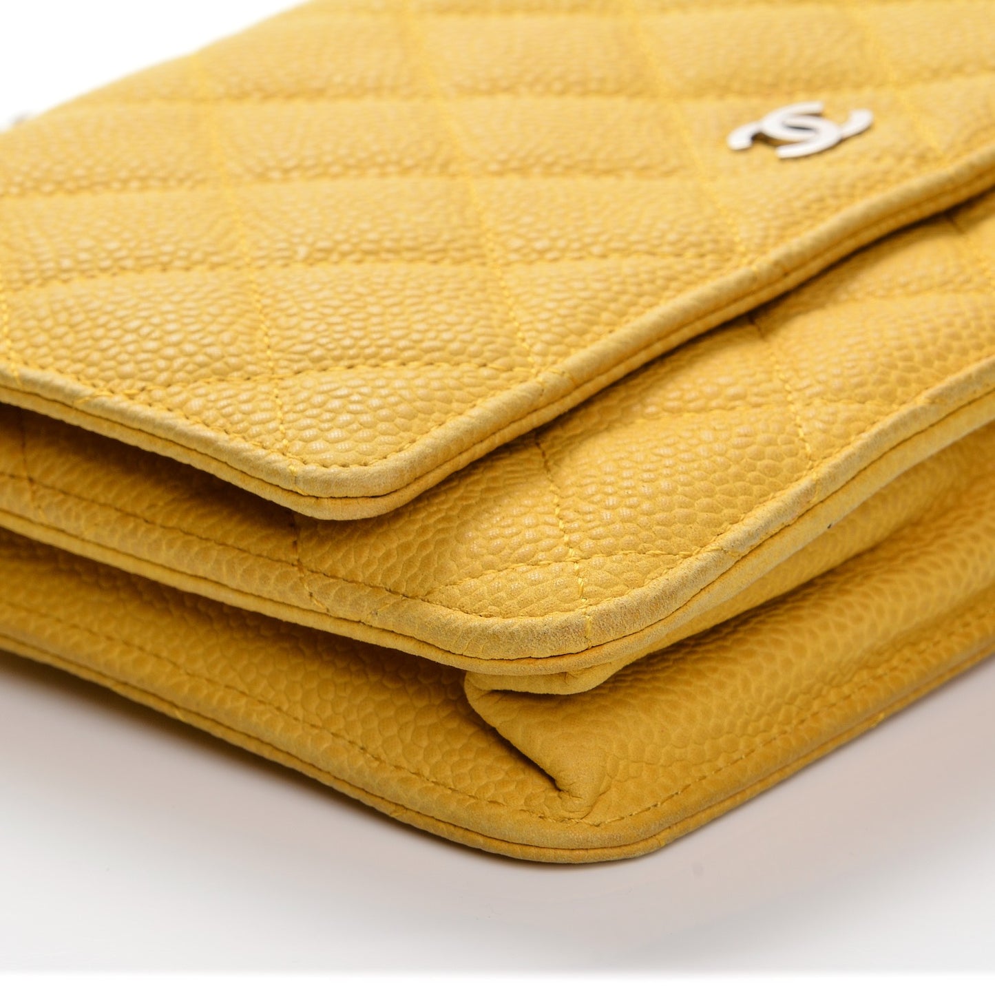 Iridescent Caviar Quilted Wallet on Chain WOC Yellow