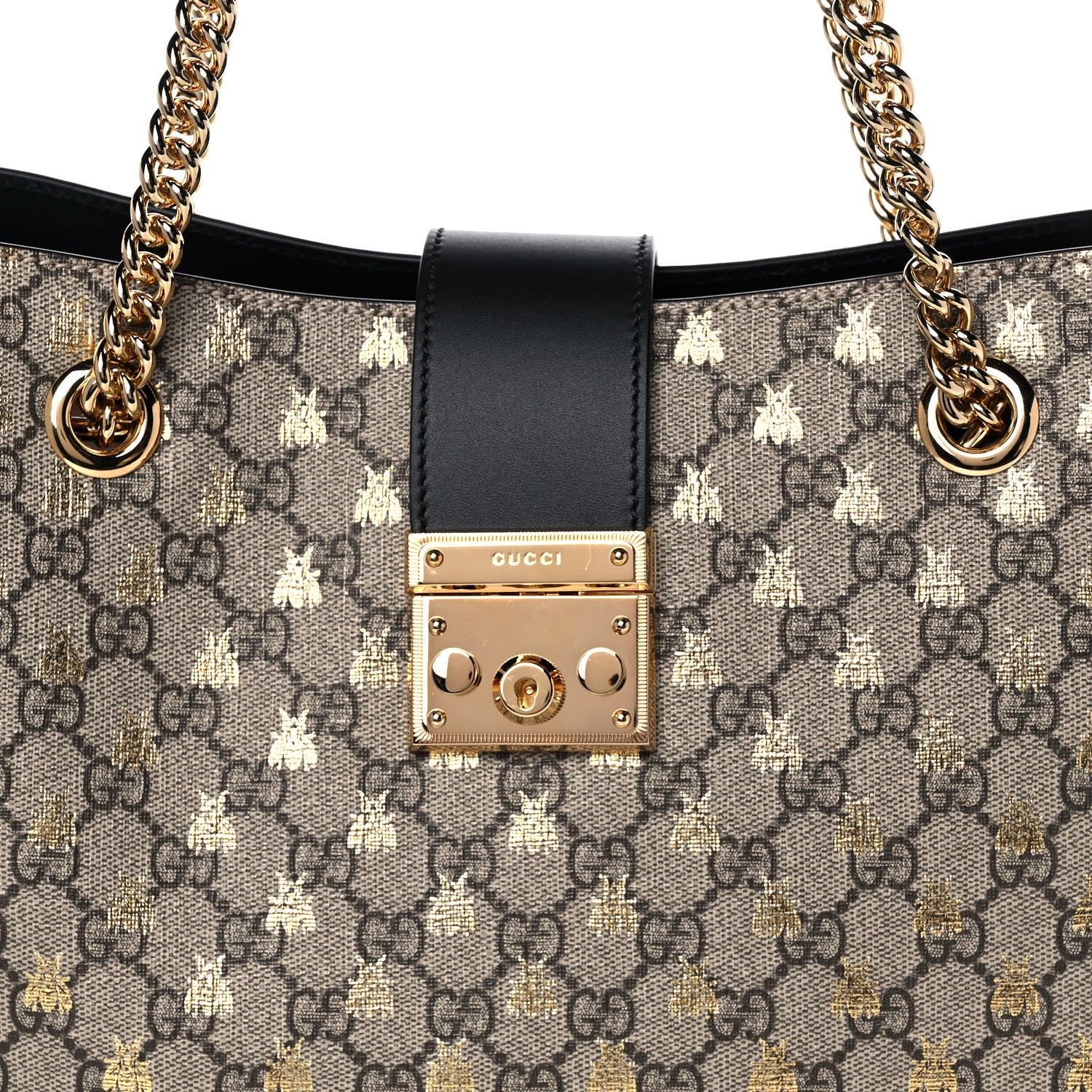 Gucci GG Supreme Monogram Bees Medium Padlock Tote Beige Oro Black 9 of 11