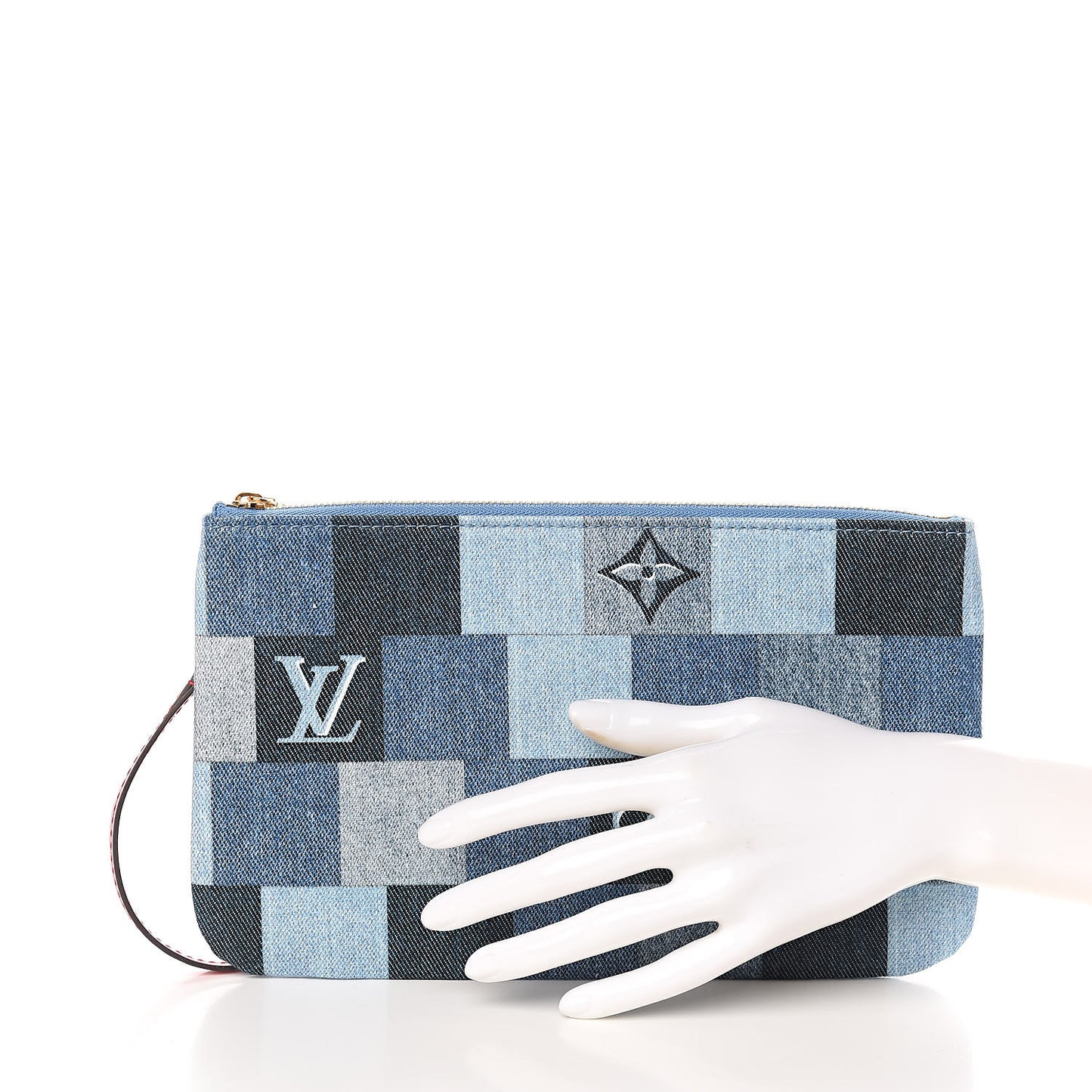 Denim Damier Monogram Patchwork Neverfull MM Pochette Blue Rouge