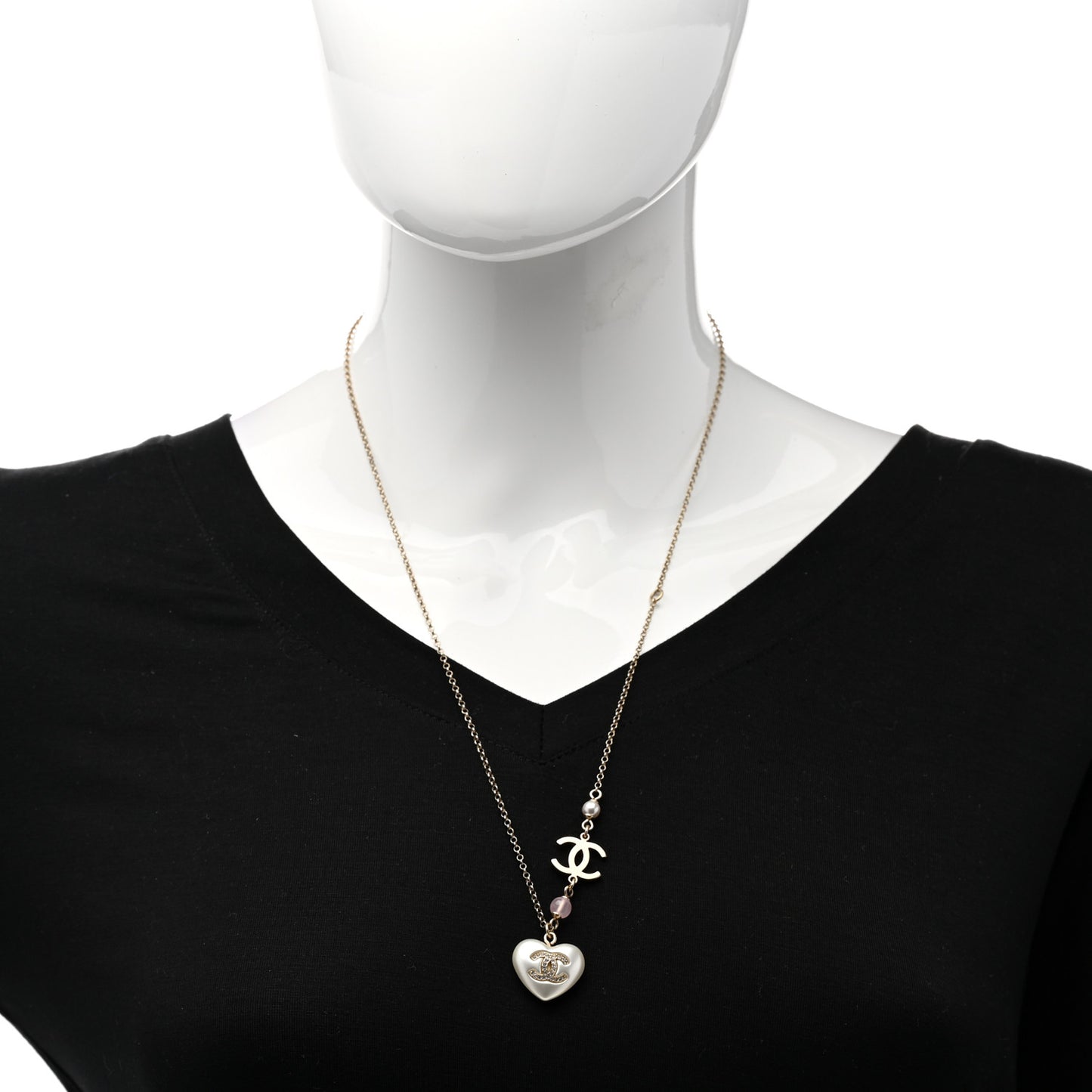 Pearl Crystal CC Heart Necklace Gold Pearly White