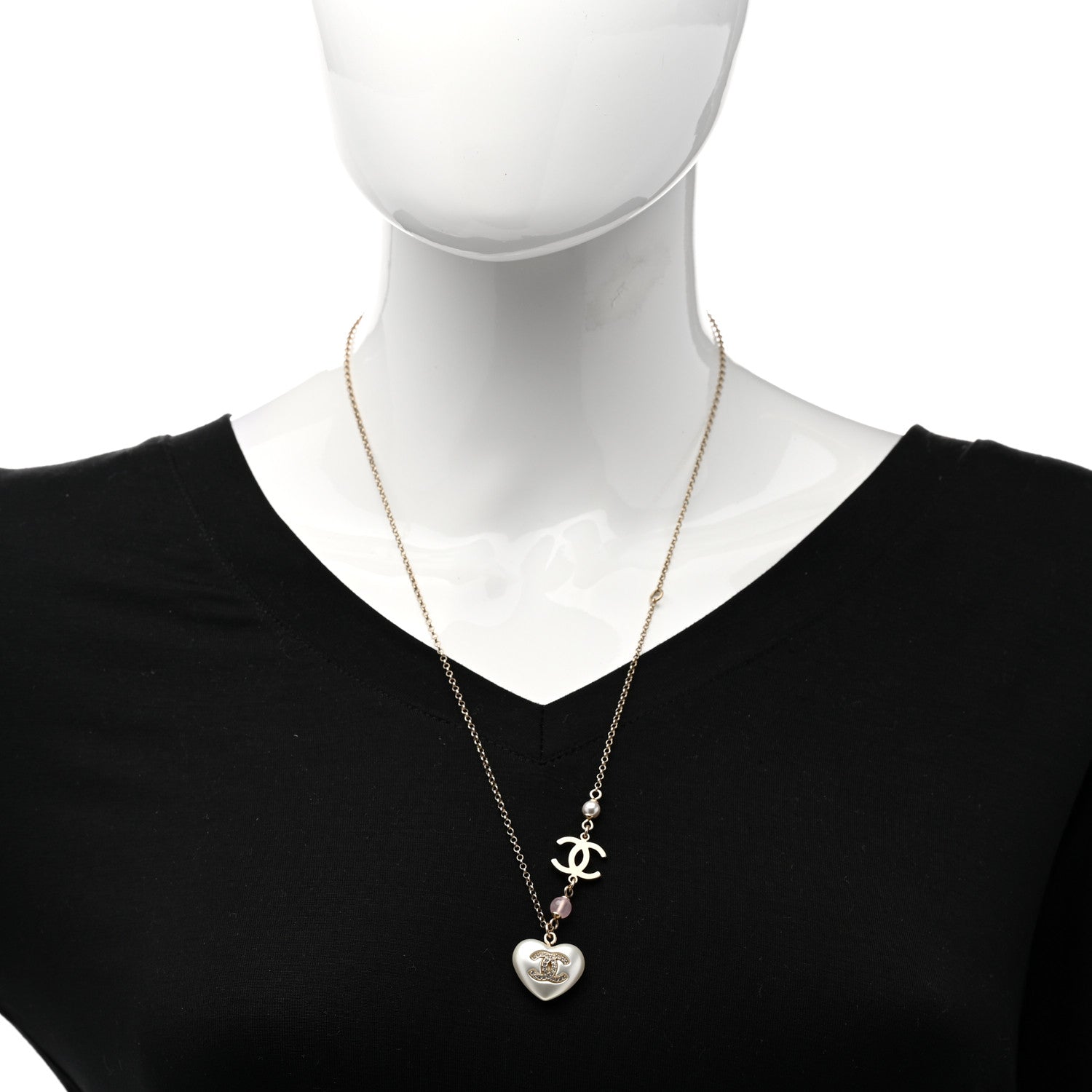 Chanel Pearl Crystal CC Heart Necklace Gold Pearly White 2 of 6
