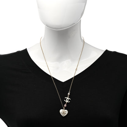 Chanel Pearl Crystal CC Heart Necklace Gold Pearly White 2 of 6