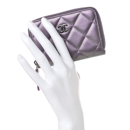 Chanel Metallic Lambskin Quilted Zip Around Coin Purse Wallet Purple 2 of 8