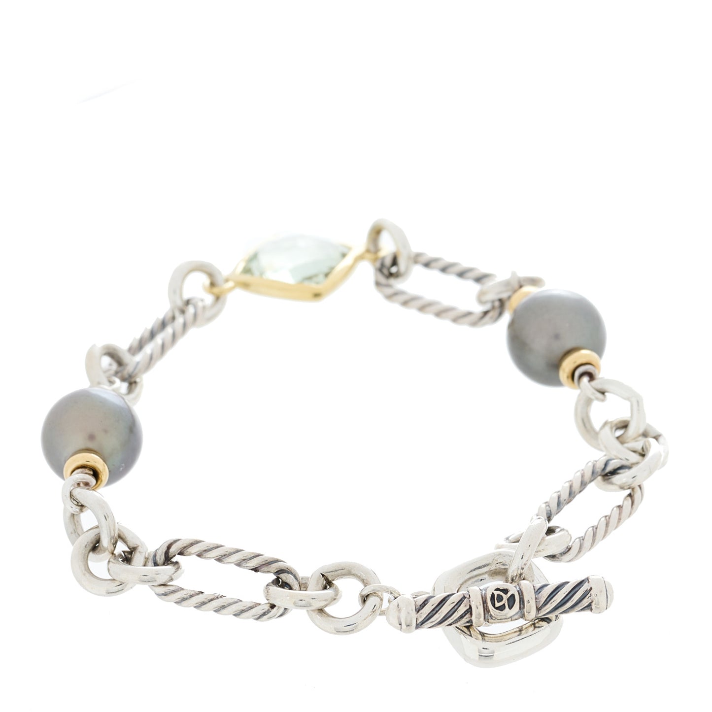 Sterling Silver 18K Yellow Gold Tahitian Pearl Prasiolite Figaro Bracelet