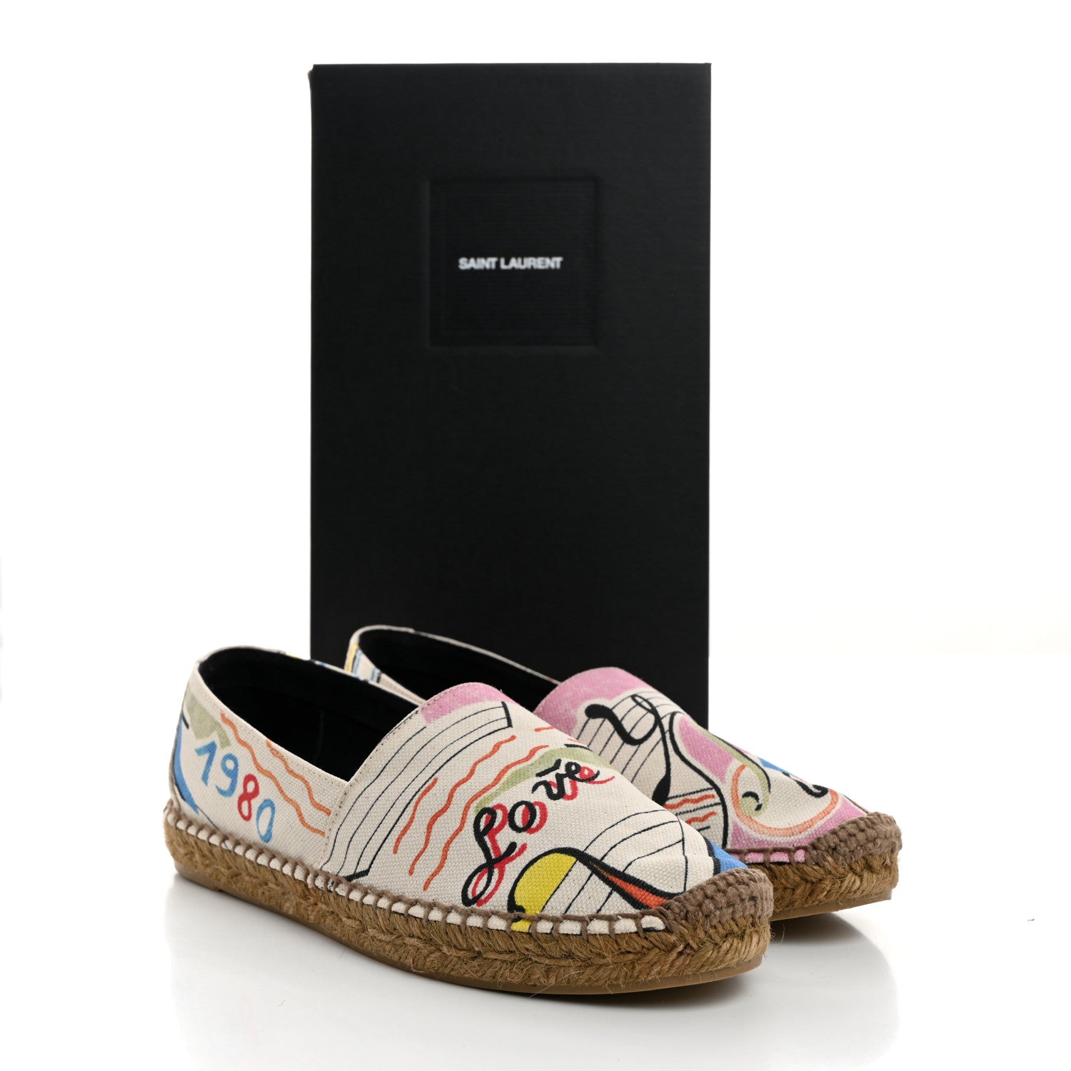 Saint Laurent Canvas Love Print Elba Logo Embroidered Espadrilles 38 Multicolor 9 of 9