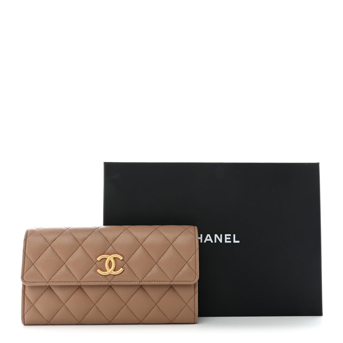 Caviar Quilted Chain CC Long Flap Wallet Dark Beige