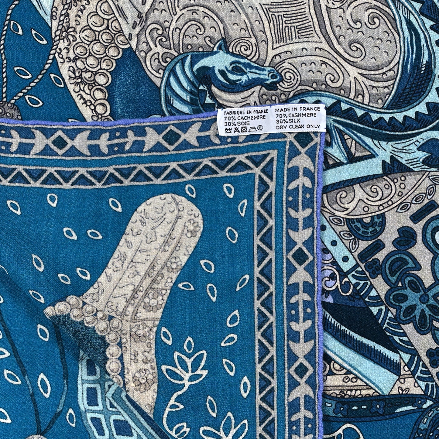 Cashmere Silk Cavaliers du Caucase Shawl 140 Bleu Gris Parme