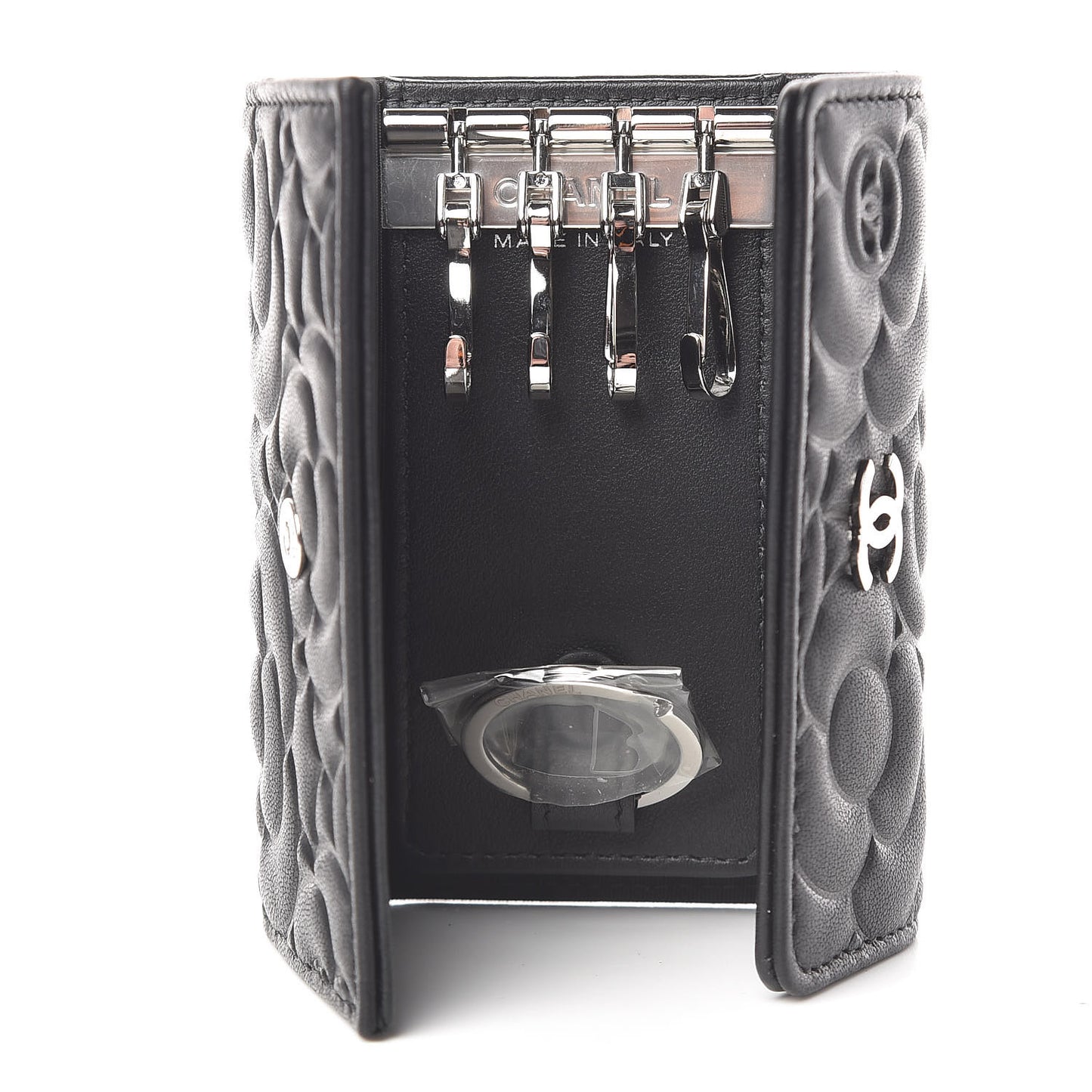 Goatskin Camellia Embossed 4 Key Holder Black