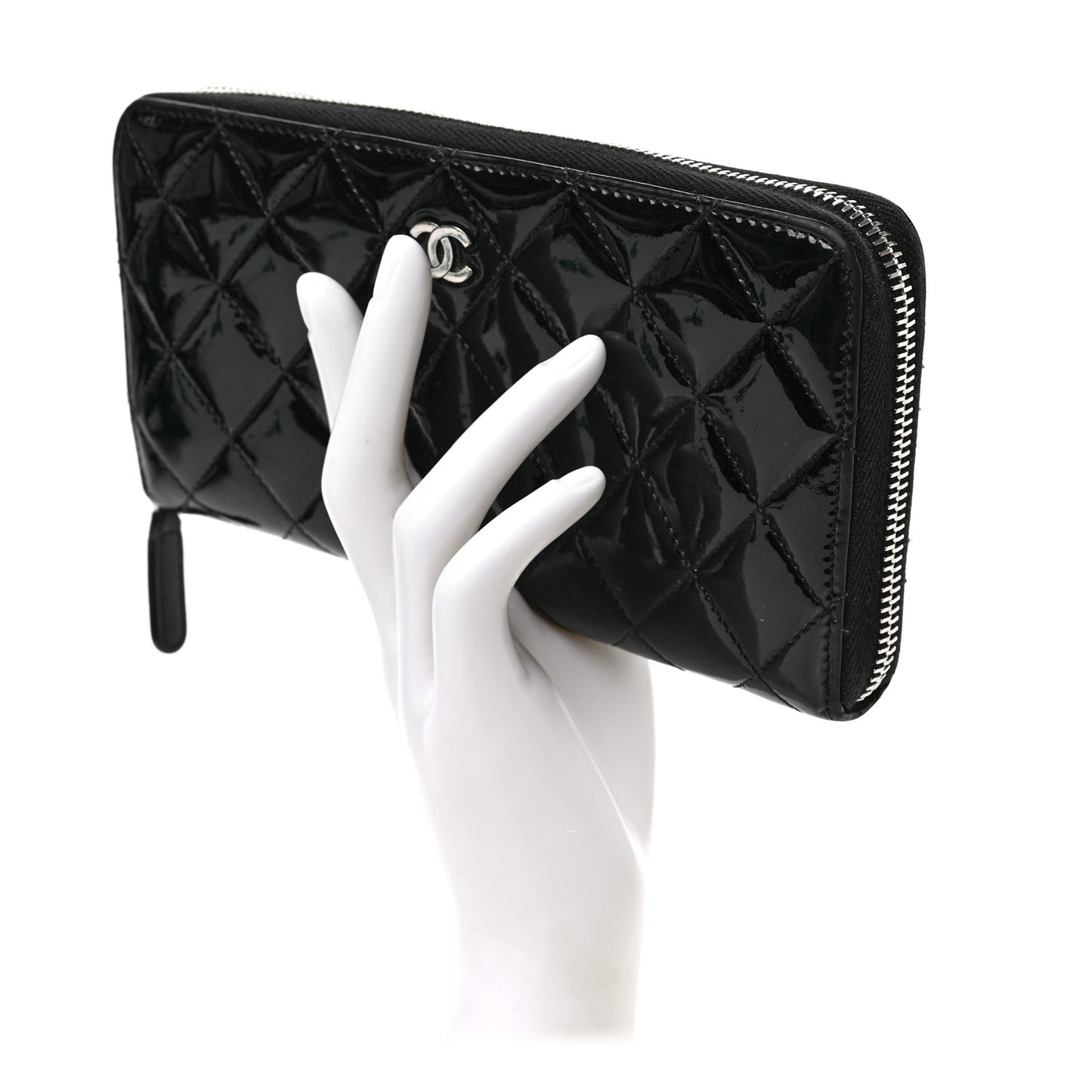Patent Quilted Zip Around Wallet Black