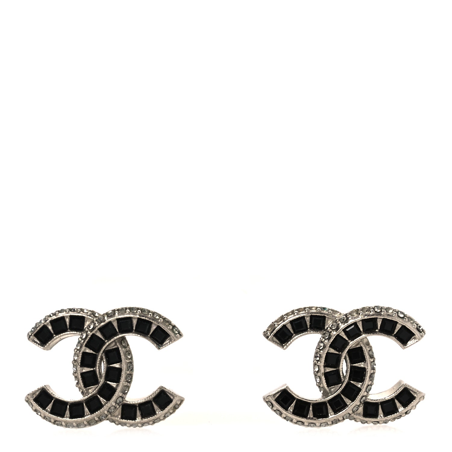 Chanel Baguette Crystal CC Earrings Silver Grey Black 1 of 4