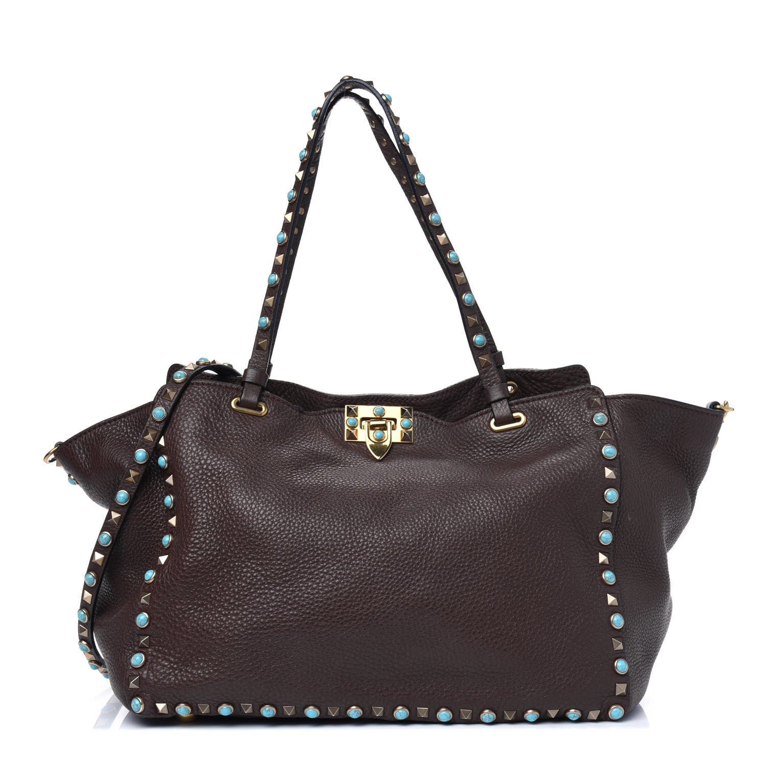 Valentino Garavani Pebbled Calfskin Turquoise Medium Rockstud Rolling Tote Rubin 1 of 5