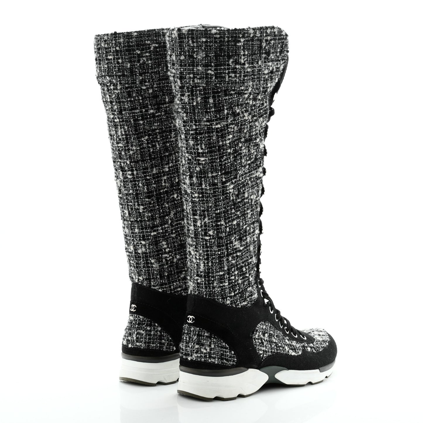 Tweed Suede Calfskin Sneaker High Boots 39 Black White