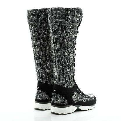 Chanel Tweed Suede Calfskin Sneaker High Boots 39 Black White 4 of 10