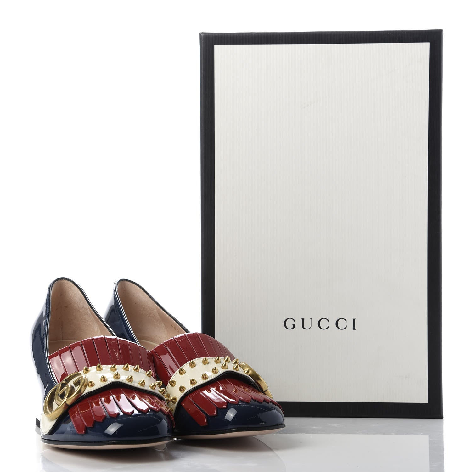 Gucci Vernice Studded GG Marmont Fringe 50mm Loafer Pumps 37 Blue Agata Hibiscus Red Mystic White 10 of 10