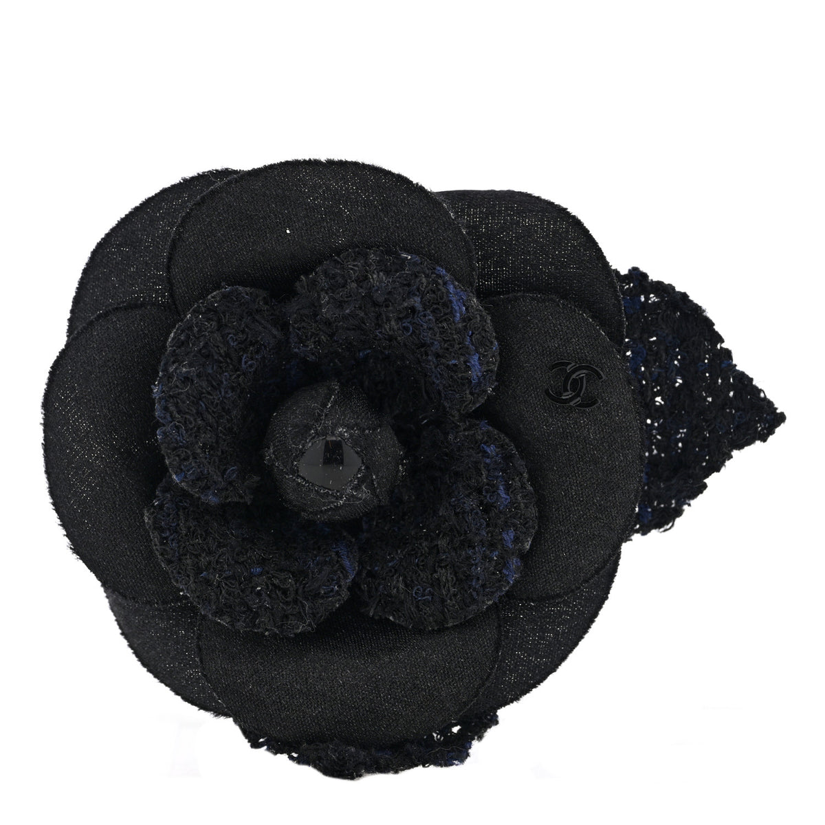 Chanel Tweed Camellia Pin Brooch Black 1 of 3