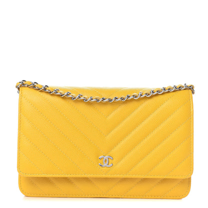 Chanel Caviar Chevron Quilted Wallet On Chain WOC Yellow 1 of 11