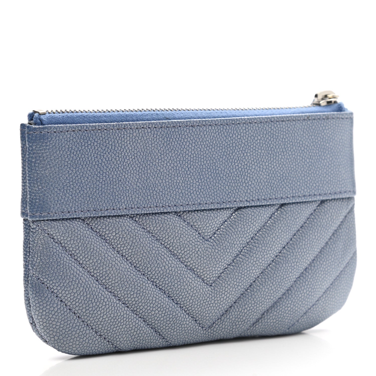Chanel Metallic Caviar Chevron Quilted Small Vintage Mademoiselle Cosmetic Case Blue 3 of 7