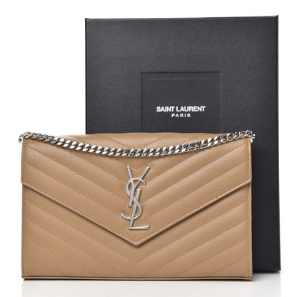 Saint Laurent Grain De Poudre Matelasse Chevron Monogram Chain Wallet Dark Latte 12 of 12