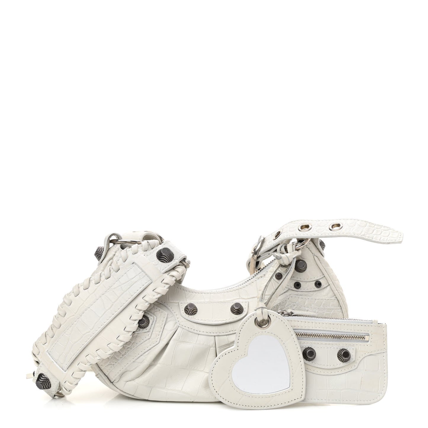 Extra Supple Calfskin Crocodile Embossed Le Cagole Shoulder Bag XS White