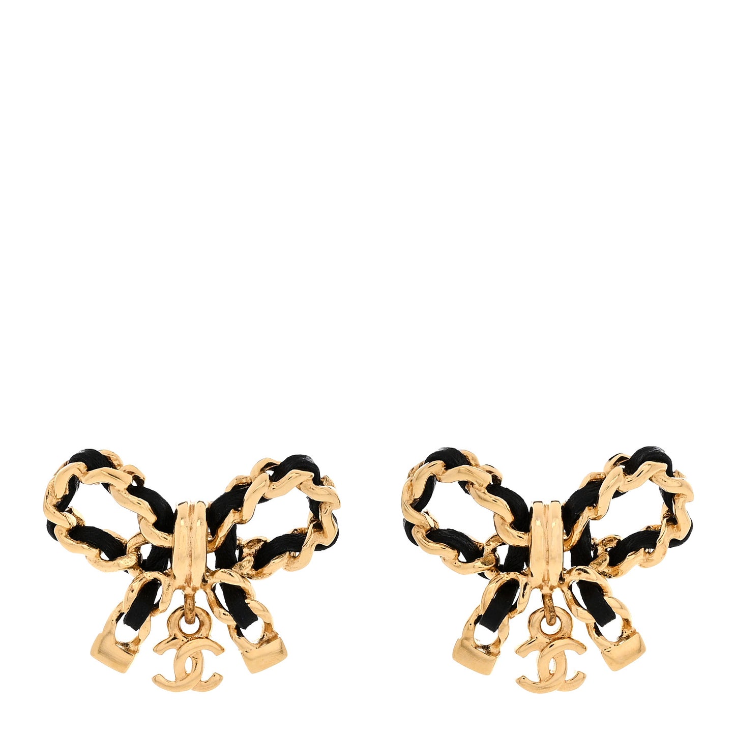 Lambskin Chain Bow Stud Earrings Black Gold