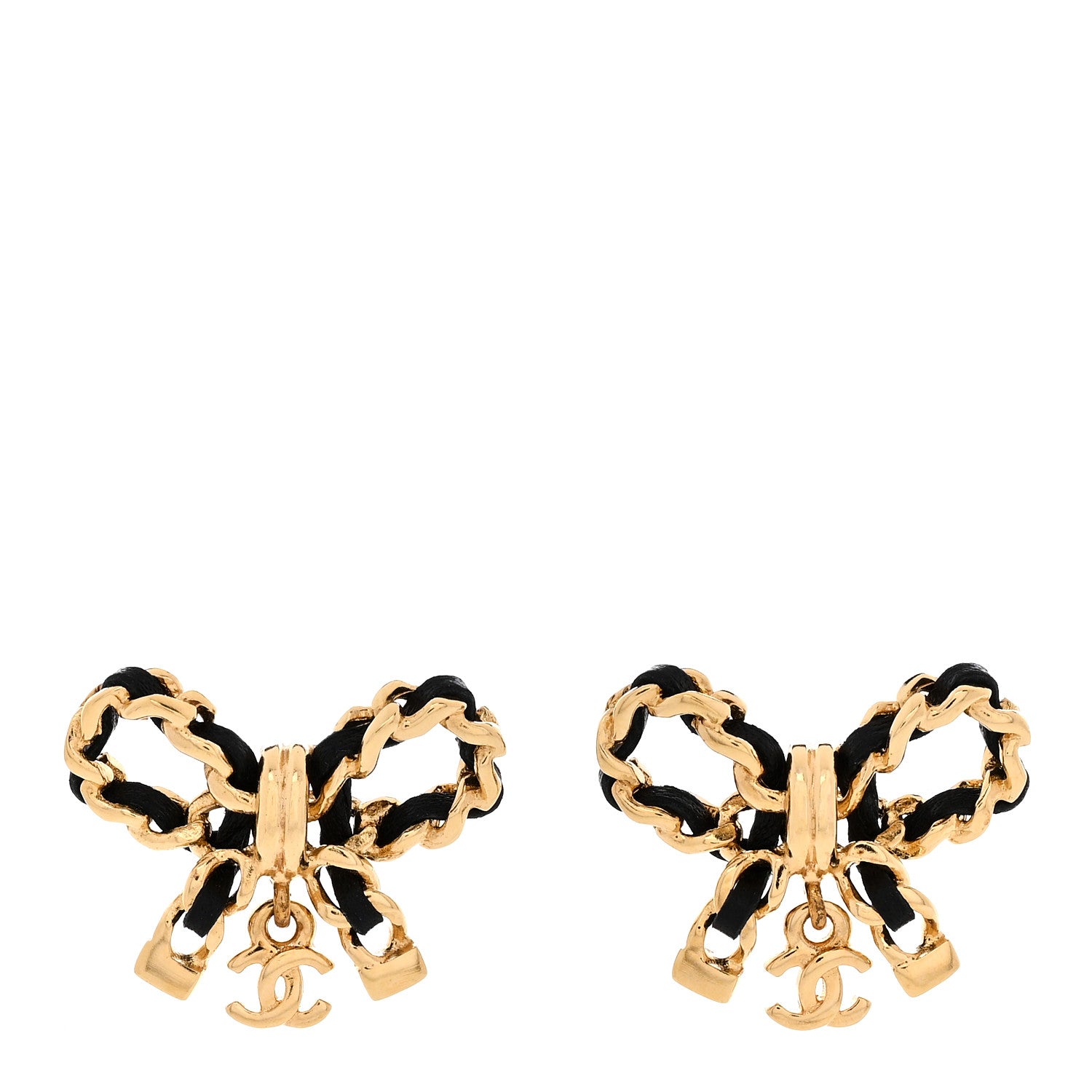 Chanel Lambskin Chain Bow Stud Earrings Black Gold 1 of 5