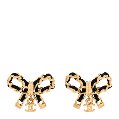 Chanel Lambskin Chain Bow Stud Earrings Black Gold 1 of 5