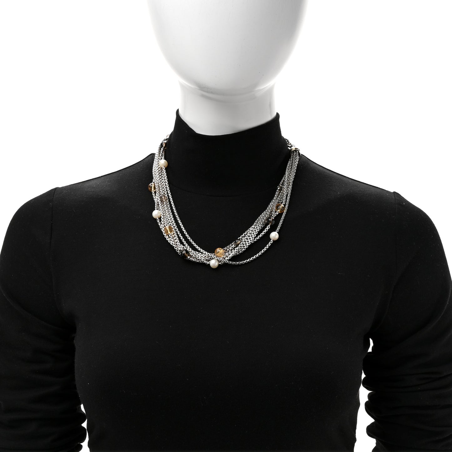 Sterling Silver 18K Yellow Gold Cultured Pearl Citrine Smokey Quartz Multi Strand Necklace