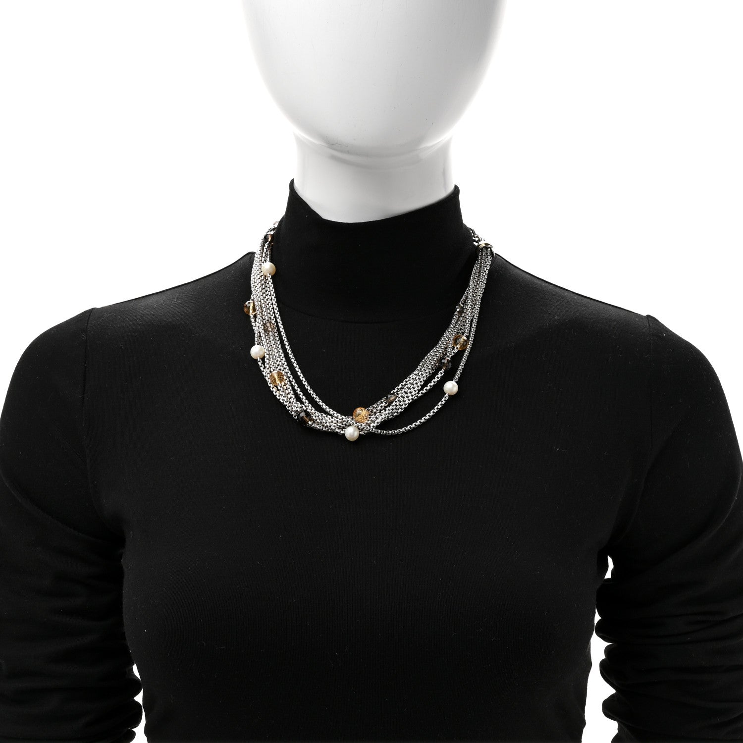 David Yurman Sterling Silver 18K Yellow Gold Cultured Pearl Citrine Smokey Quartz Multi Strand Necklace 2 of 5