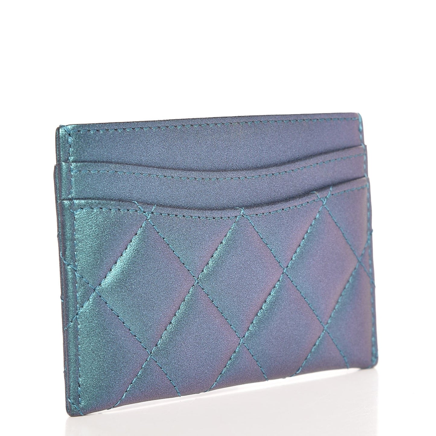 Metallic Lambskin Quilted Card Holder Turquoise