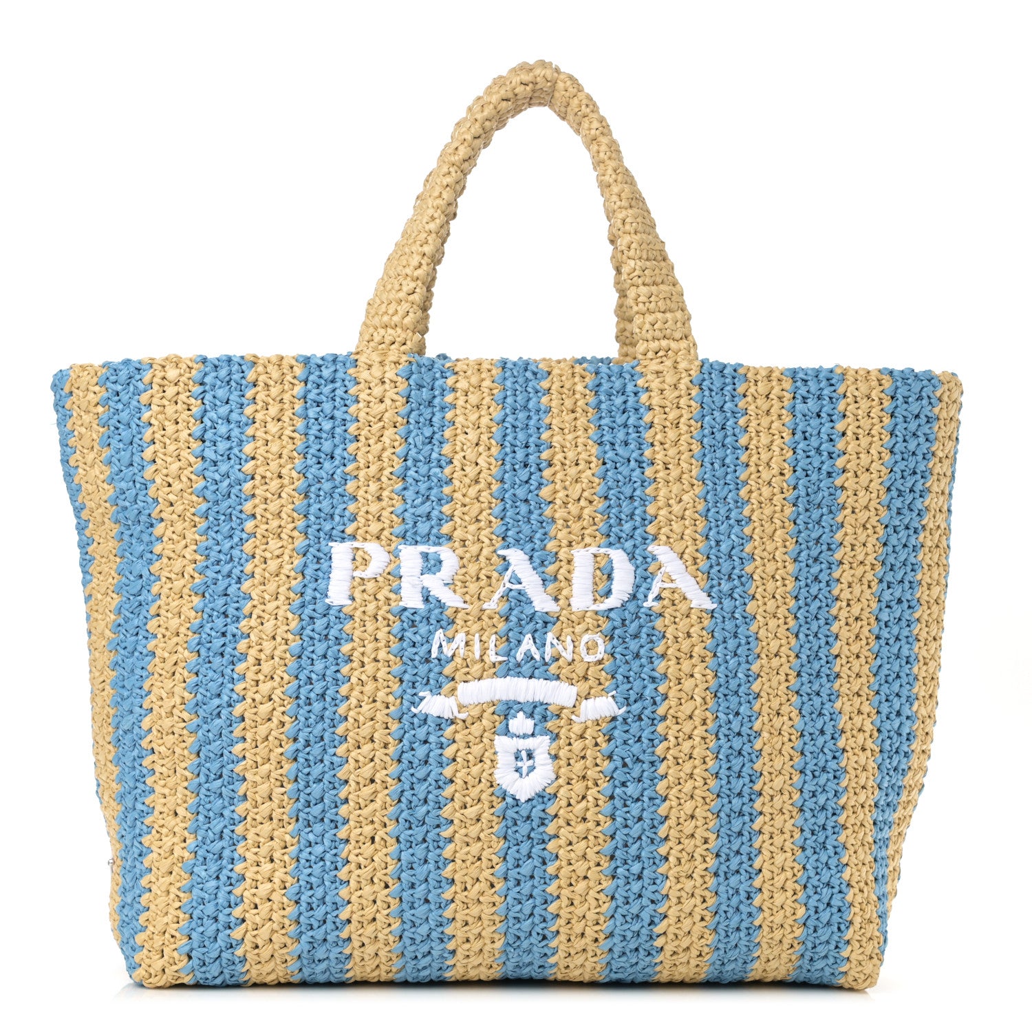 Prada Yarn Raffia Effect Crochet Striped Large Logo Tote Naturale Celeste 1 of 9