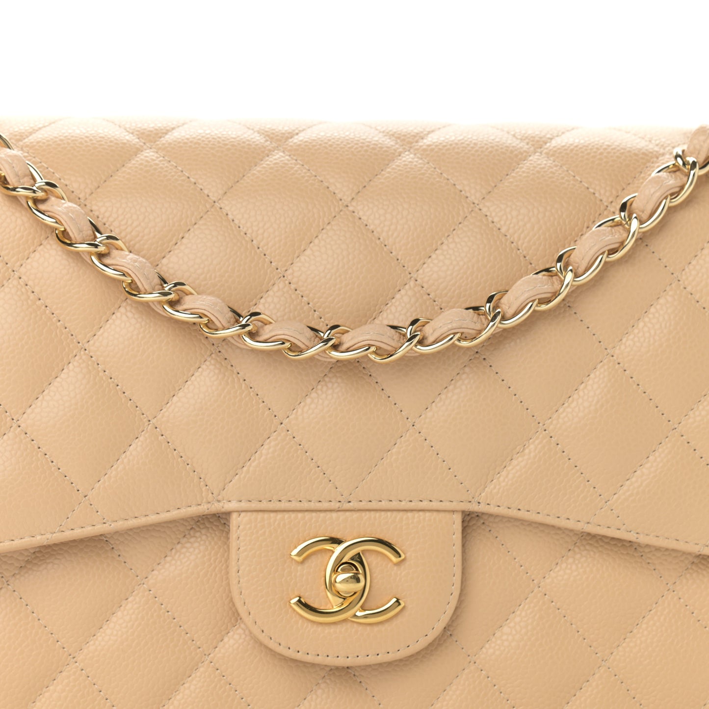 Caviar Quilted Jumbo Double Flap Beige