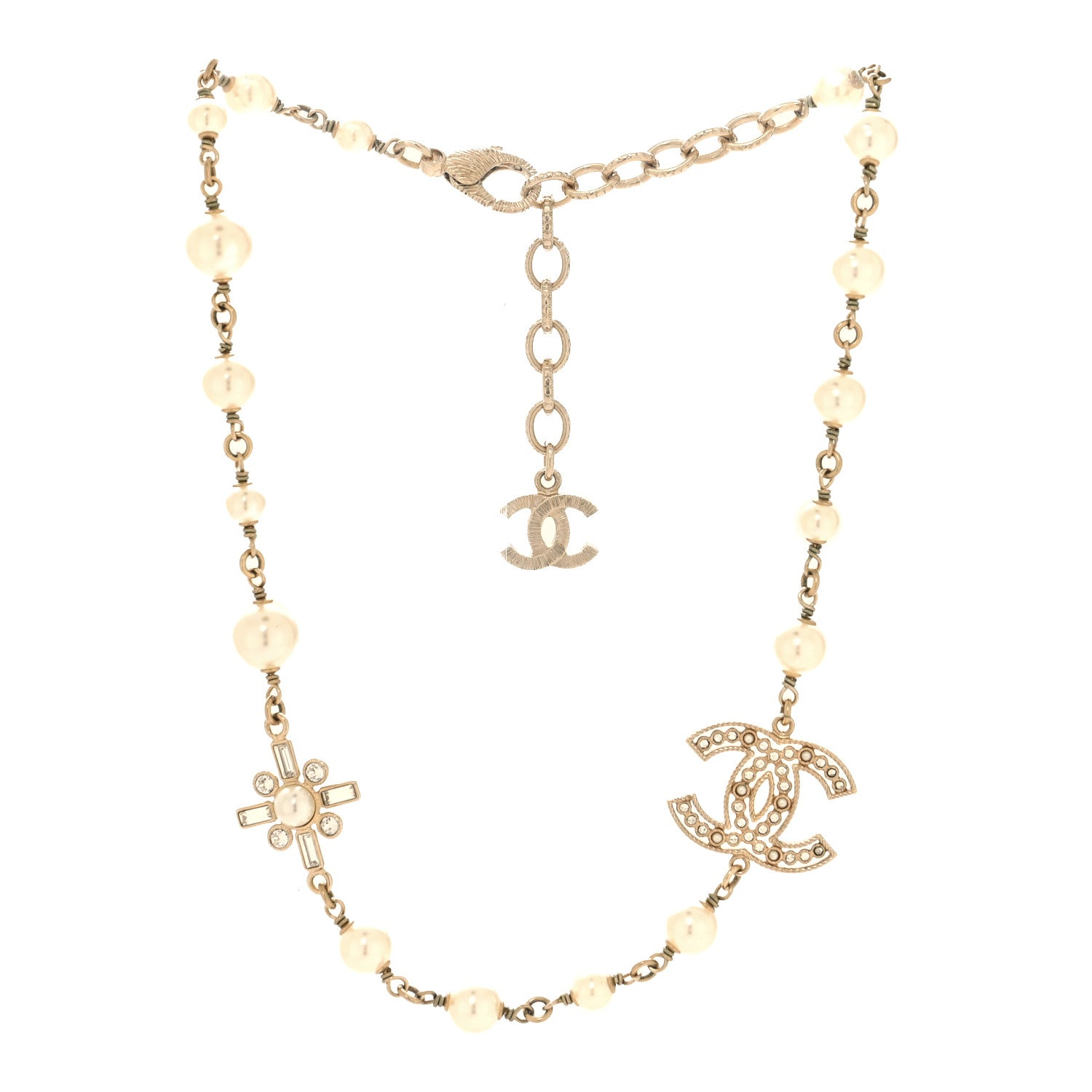 Chanel Crystal Baguette Pearl CC Cross Short Necklace Gold 3 of 5