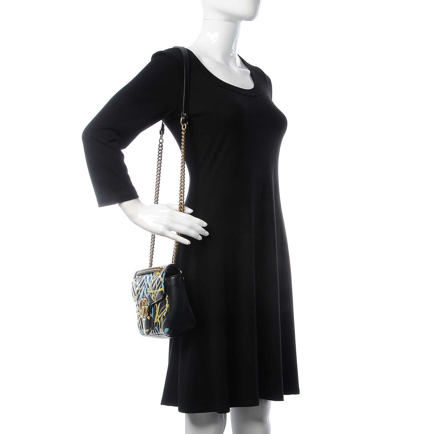 Calfskin Matelasse GucciGhost Small GG Marmont Shoulder Bag Black New Acquamarine
