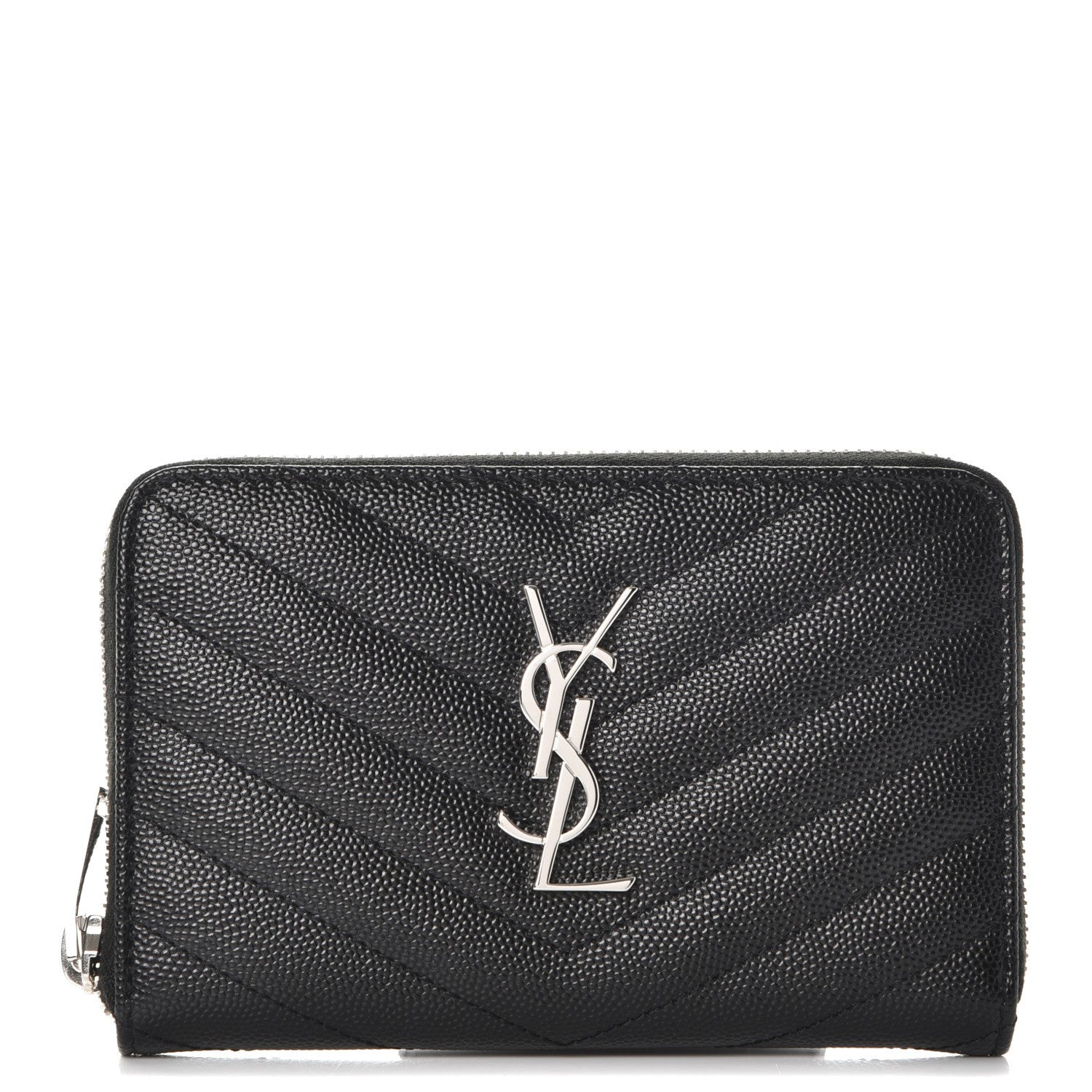Saint Laurent Grain De Poudre Matelasse Chevron Monogram Zip Around Wallet Black 1 of 9