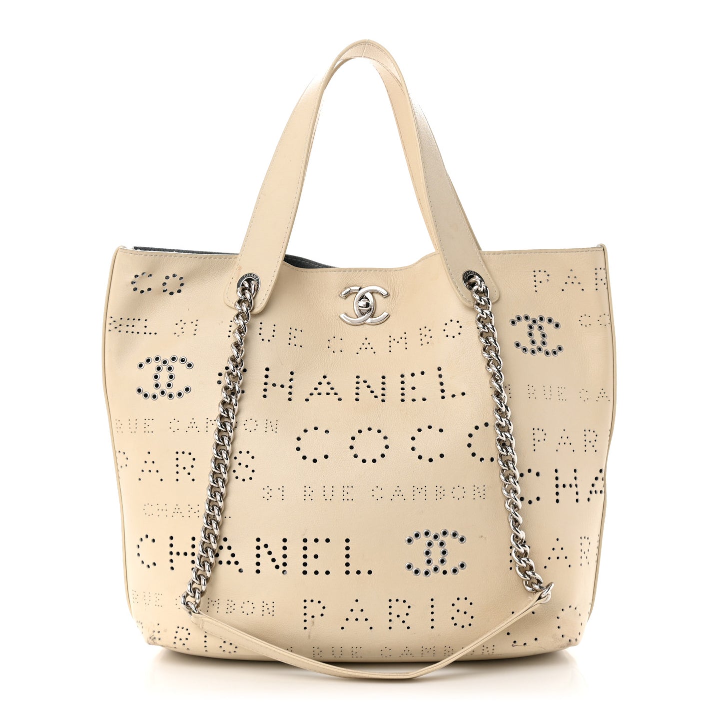 Calfskin Tweed Small Logo Eyelets Shopping Tote Beige