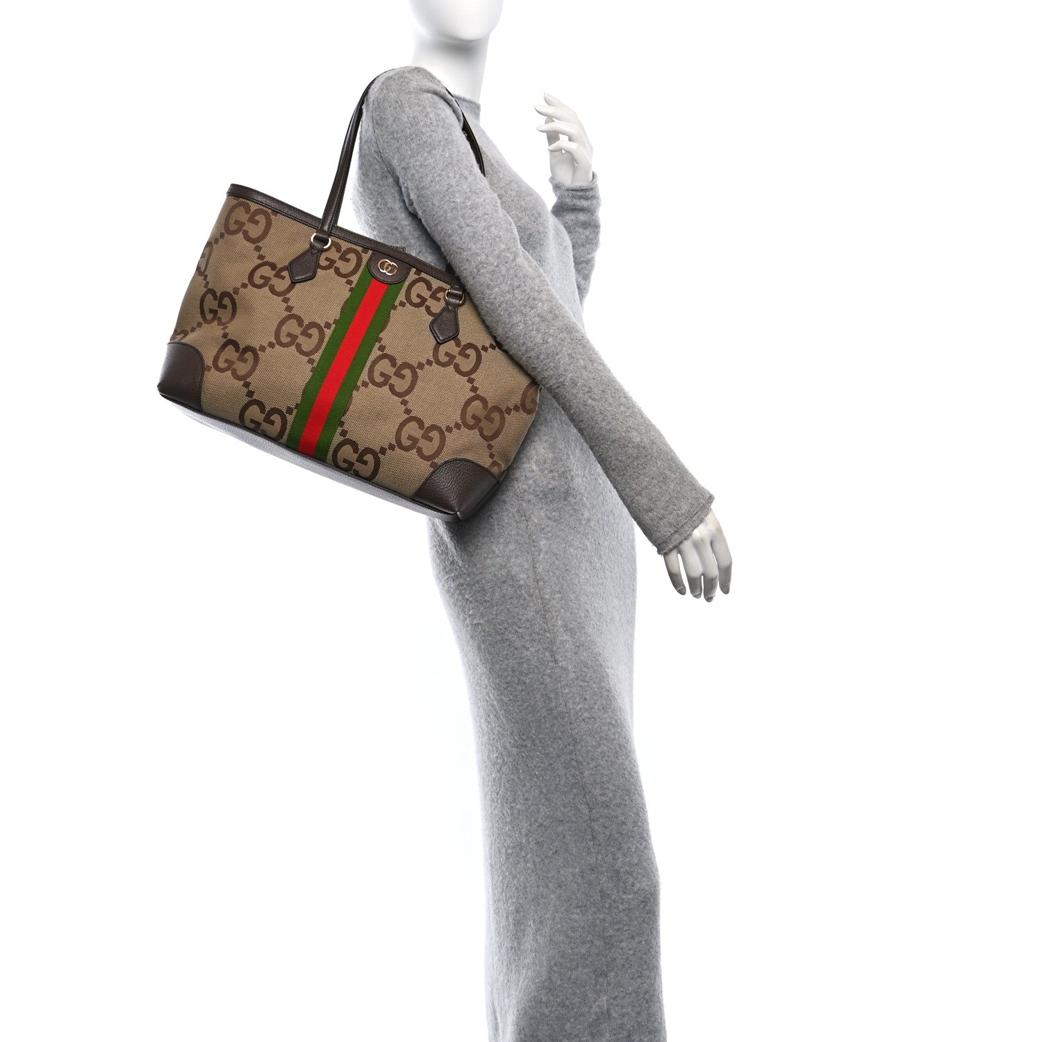 Gucci Monogram Jumbo GG Textured Dollar Calfskin Web Medium Ophidia Shopping Tote Camel Ebony 2 of 10