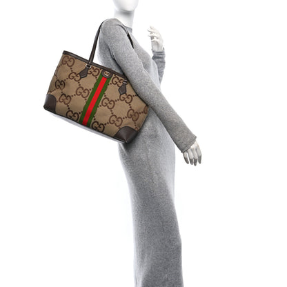 Gucci Monogram Jumbo GG Textured Dollar Calfskin Web Medium Ophidia Shopping Tote Camel Ebony 2 of 10