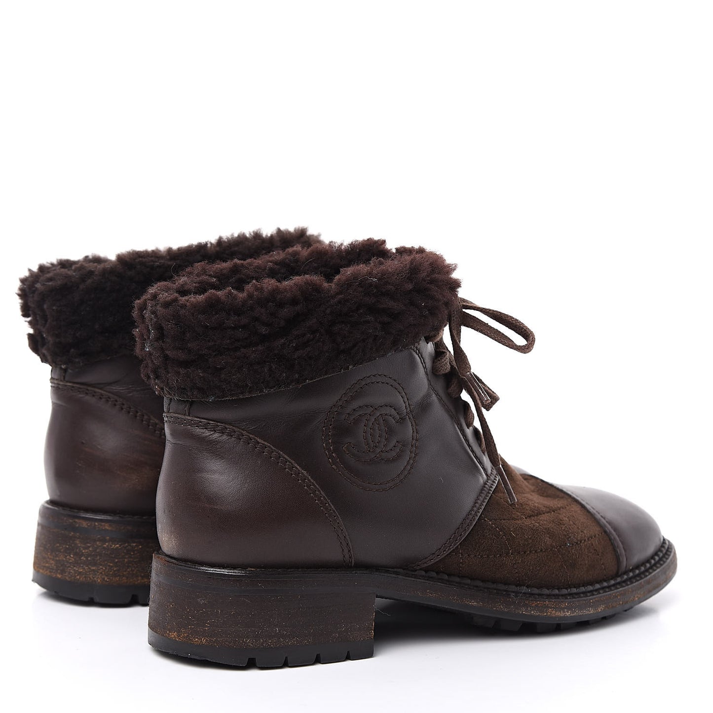 Suede Calfskin Shearling Cap Toe CC Short Boots 38 Brown