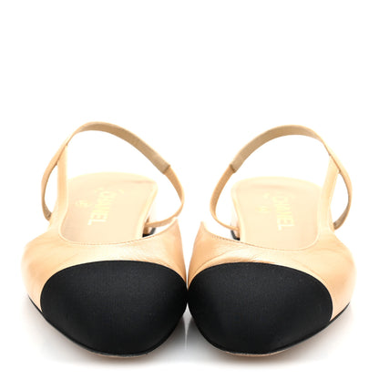 Chanel Goatskin Grosgrain Cap Toe CC Slingback Sandals 40 Beige Black 3 of 10