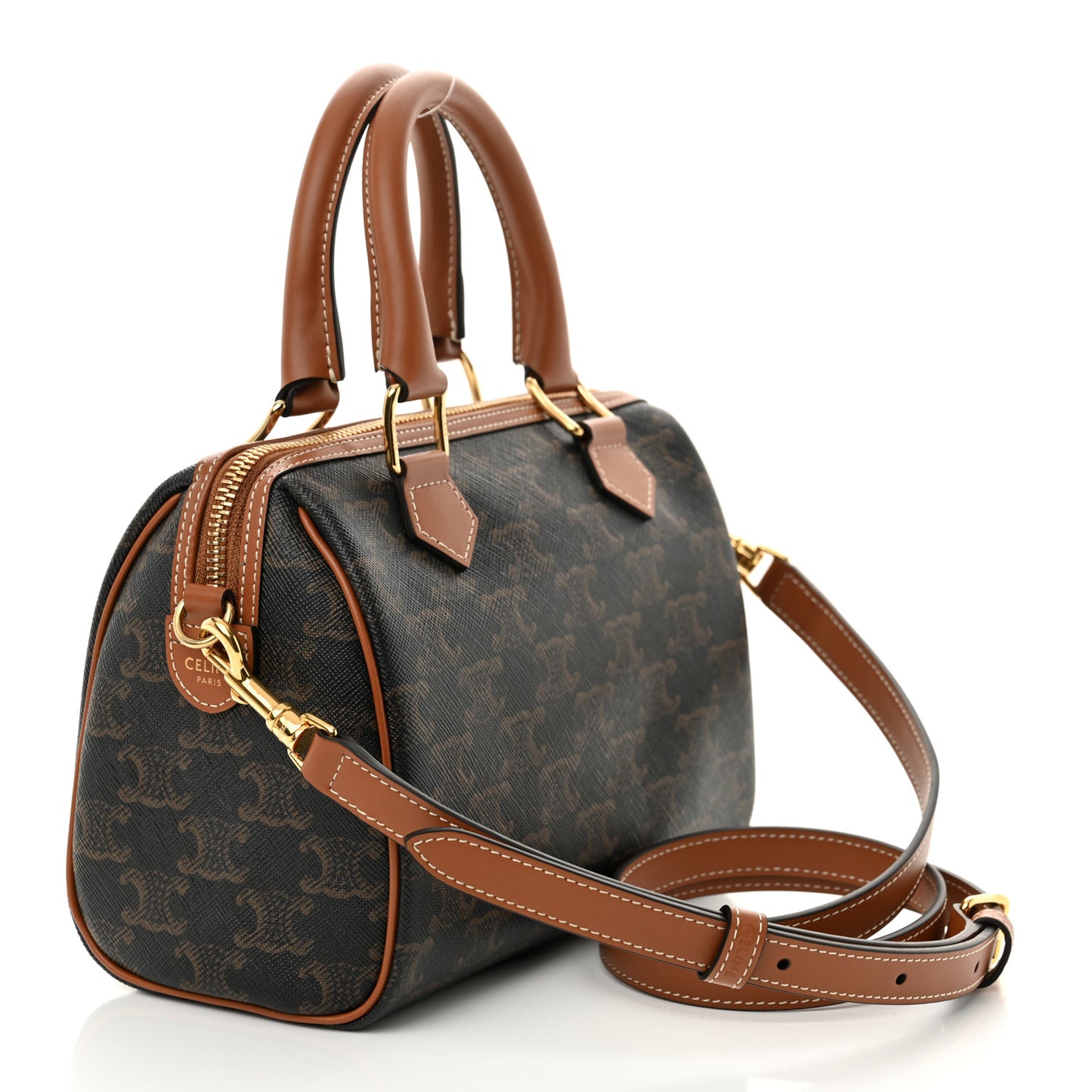 Triomphe Canvas Calfskin Small Boston Bag Tan