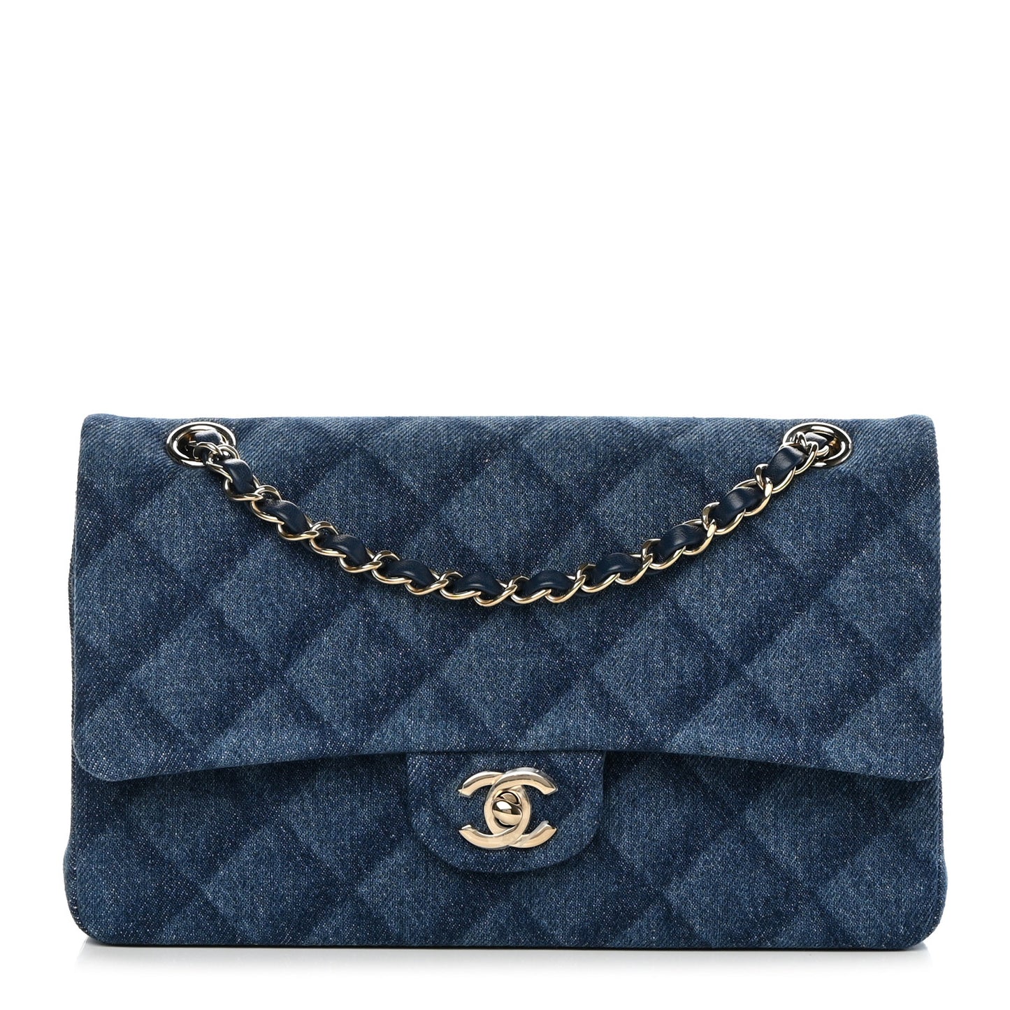 Printed Denim Quilted Medium Double Flap Dark Blue