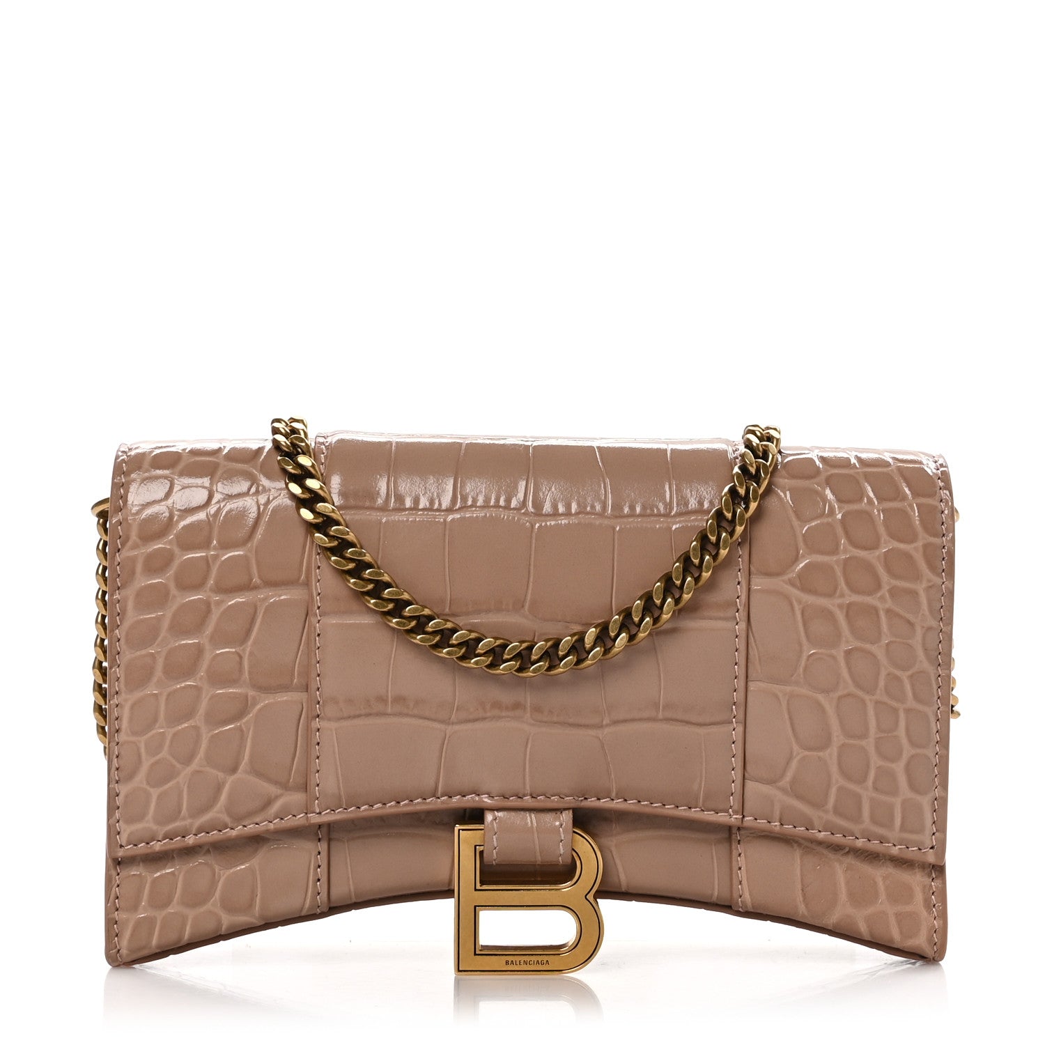 Balenciaga Shiny Calfskin Crocodile Embossed Hourglass Chain Bag Nude Beige 1 of 12