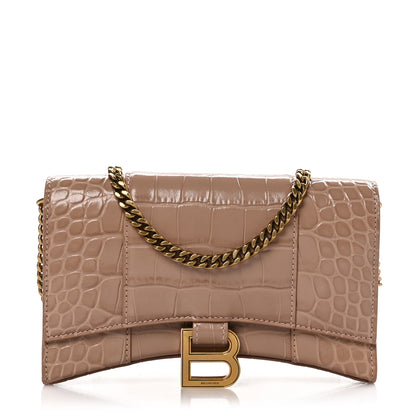 Balenciaga Shiny Calfskin Crocodile Embossed Hourglass Chain Bag Nude Beige 1 of 12